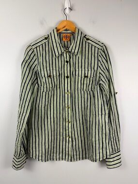 Tory burch green navy white stripe button down blouse with gold detail size 10
